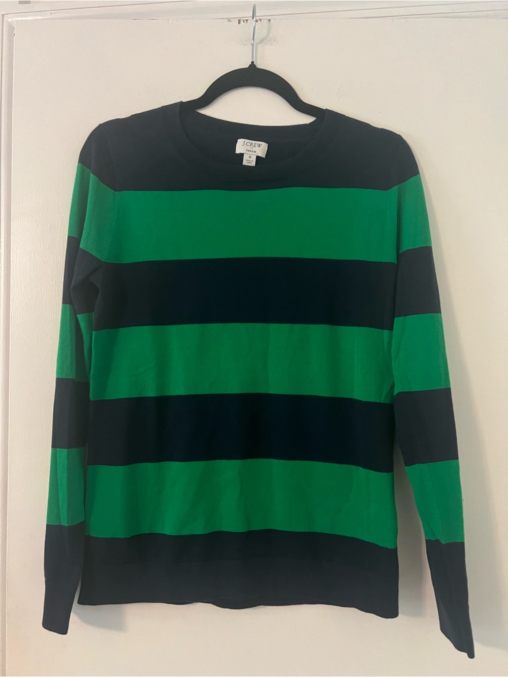J.Crew Women's Striped Cotton Teddie Sweater Navy Green Size S (Q105)
